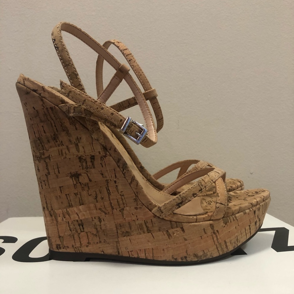 NIB Schutz Aurial Tan Cork Wedge Ankle Strap 5.5B